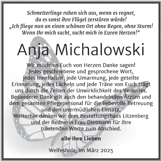 Traueranzeige von Anja Michalowski von Trauerkombi Mansfelder Land