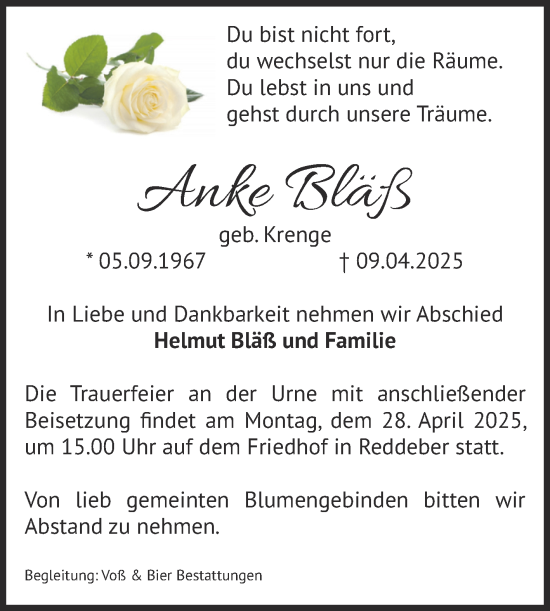 Traueranzeige von Anke Bläß von Volksstimme Wernigerode