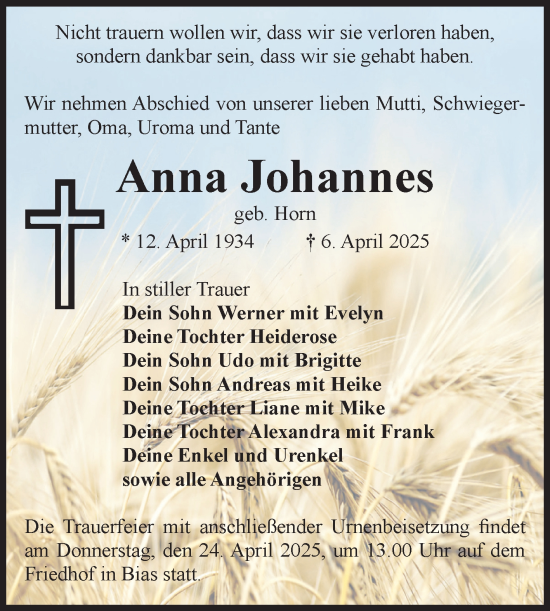 Traueranzeige von Anna Johannes von Volksstimme Zerbst