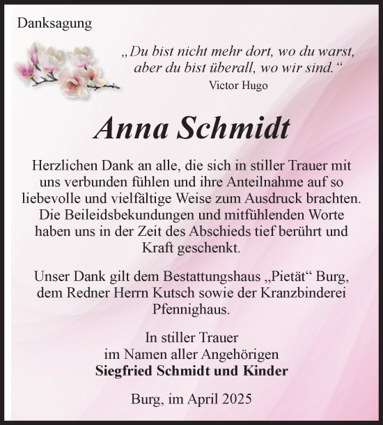 Traueranzeige von Anna Schmidt von Volksstimme Burg/Genthin