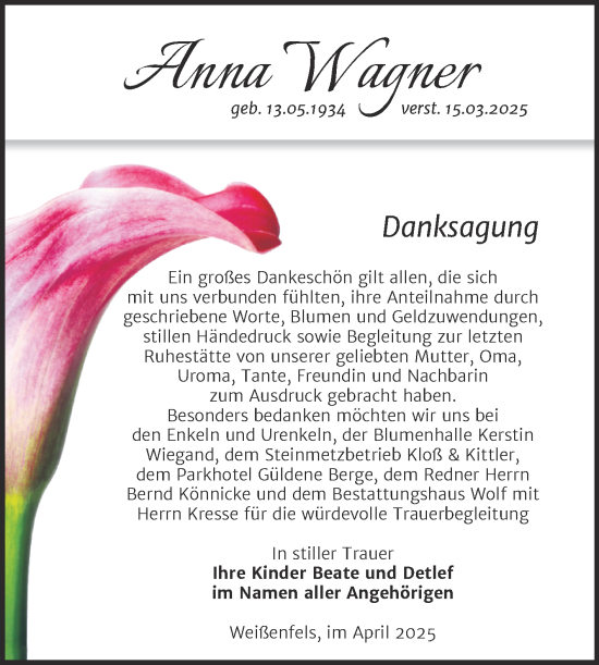 Traueranzeige von Anna Wagner von Trauerkombi Weißenfels