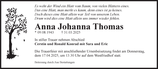 Traueranzeige von Anna Johanna Thomas von Volksstimme Magdeburg