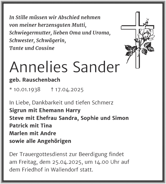 Traueranzeige von Annelies Sander von Trauerkombi Merseburg