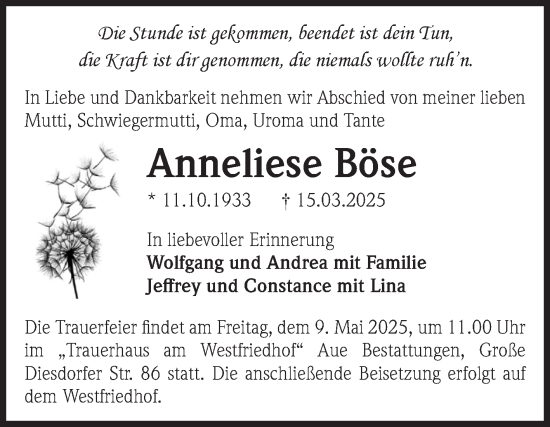 Traueranzeige von Anneliese Böse von Volksstimme Magdeburg