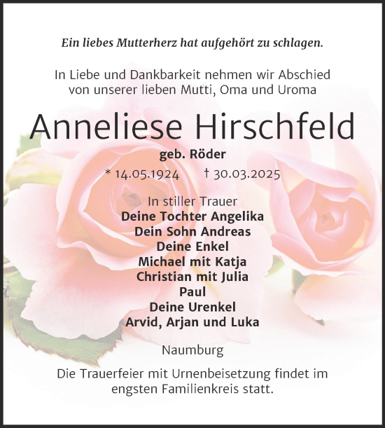 Traueranzeige von Anneliese Hirschfeld von Super Sonntag Naumburg/Nebra