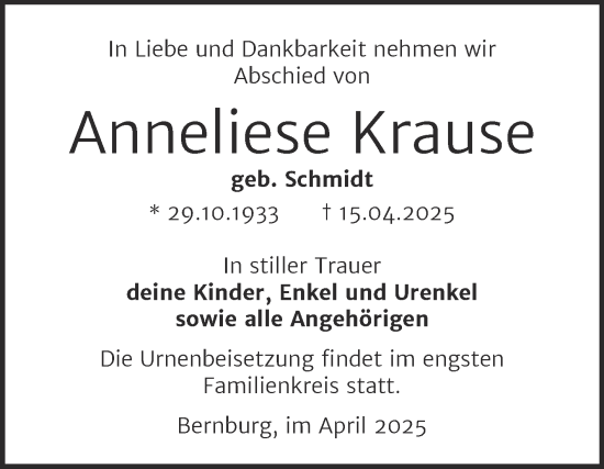 Traueranzeige von Anneliese Krause von Trauerkombi Bernburg