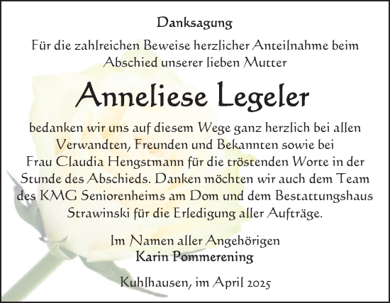 Traueranzeige von Anneliese Legeler von Volksstimme Altmark Ost