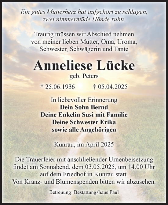 Traueranzeige von Anneliese Lücke von Volksstimme Altmark West