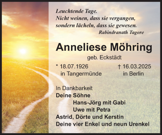 Traueranzeige von Anneliese Möhring von Volksstimme Altmark Ost
