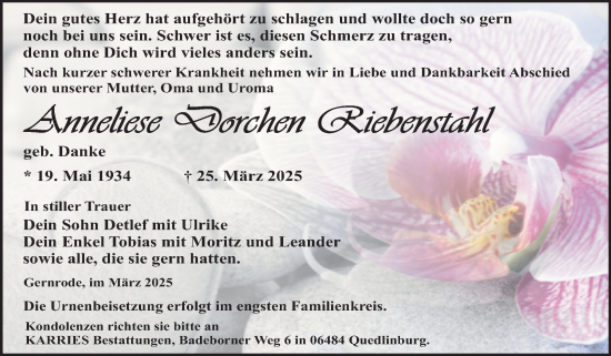 Traueranzeige von Anneliese Riebenstahl von Trauerkombi Quedlinburg