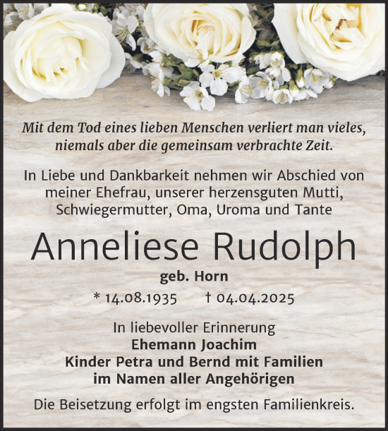 Traueranzeige von Anneliese Rudolph von Trauerkombi Bernburg