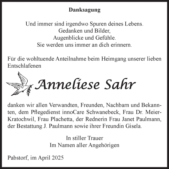 Traueranzeige von Anneliese Sahr von Volksstimme Halberstadt