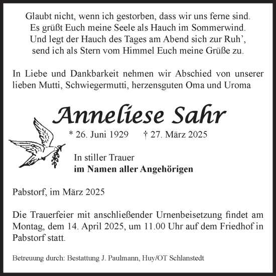 Traueranzeige von Anneliese Sahr von Volksstimme Halberstadt