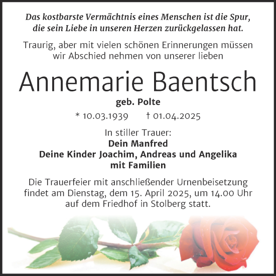 Traueranzeige von Annemarie Baentsch von Trauerkombi Sangerhausen