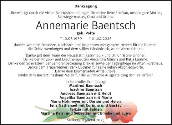 Traueranzeige von Annemarie Baentsch von Trauerkombi Sangerhausen
