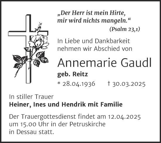 Traueranzeige von Annemarie Gaudl von Trauerkombi Dessau