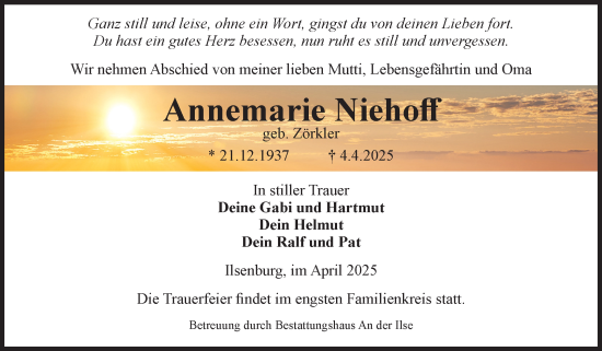 Traueranzeige von Annemarie Niehoff von Volksstimme Wernigerode