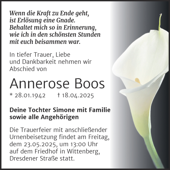 Traueranzeige von Annerose Boos von Trauerkombi Wittenberg