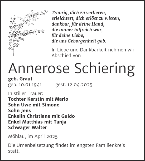 Traueranzeige von Annerose Schiering von Trauerkombi Wittenberg