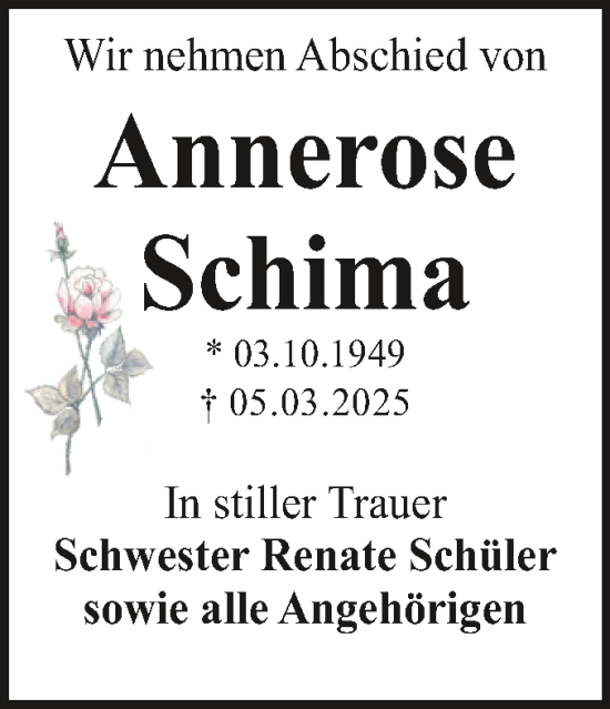 Traueranzeige von Annerose Schima von Trauerkombi Dessau