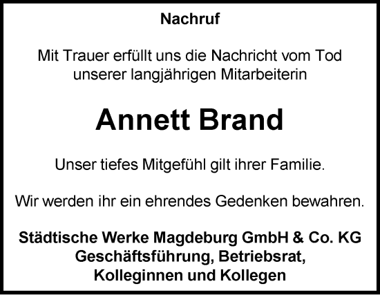 Traueranzeige von Annett Brand von Volksstimme Magdeburg