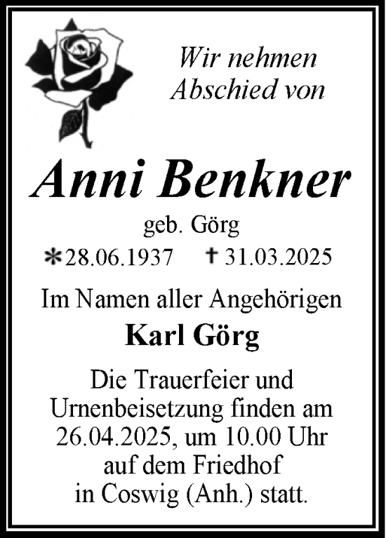 Traueranzeige von Anni Benkner von Trauerkombi Wittenberg