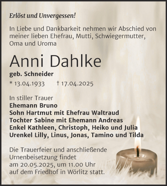 Traueranzeige von Anni Dahlke von Trauerkombi Wittenberg