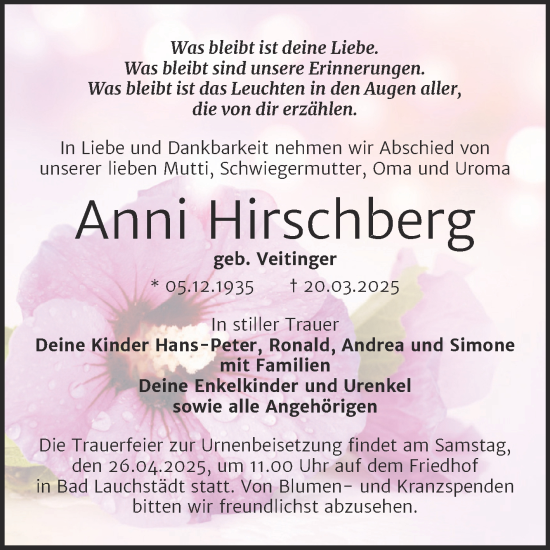 Traueranzeige von Anni Hirschberg von Trauerkombi Merseburg