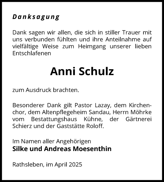 Traueranzeige von Anni Schulz von Volksstimme Altmark Ost