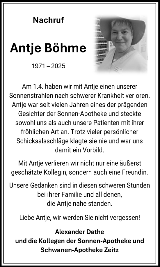 Traueranzeige von Antje Böhme von Super Sonntag Zeitz