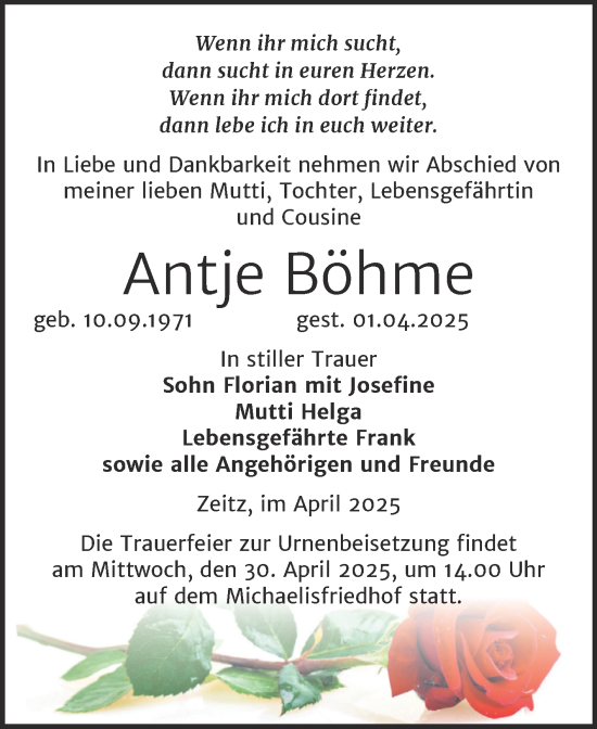 Traueranzeige von Antje Böhme von Trauerkombi Zeitz