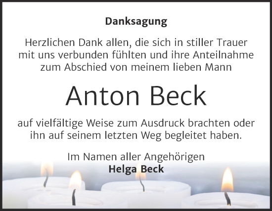Traueranzeige von Anton Beck von Trauerkombi Bitterfeld