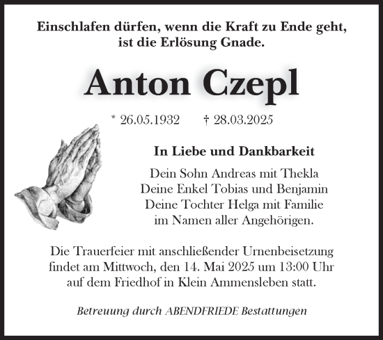 Traueranzeige von Anton Czepl von Volksstimme Haldensleben/Wolmirstedt