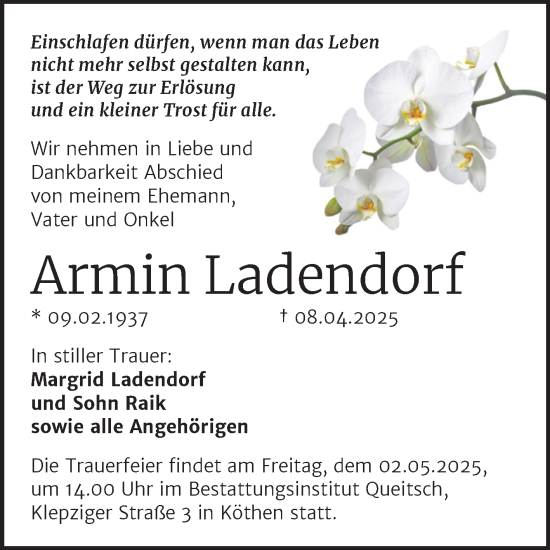 Traueranzeige von Armin Ladendorf von Trauerkombi Köthen