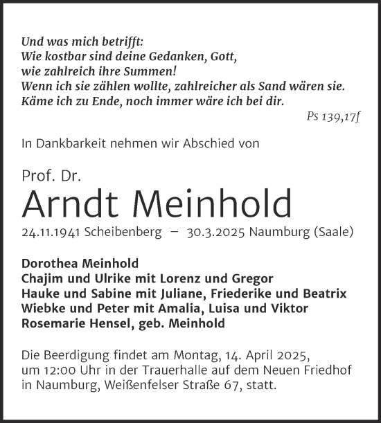 Traueranzeige von Arndt Meinhold von Super Sonntag Naumburg/Nebra