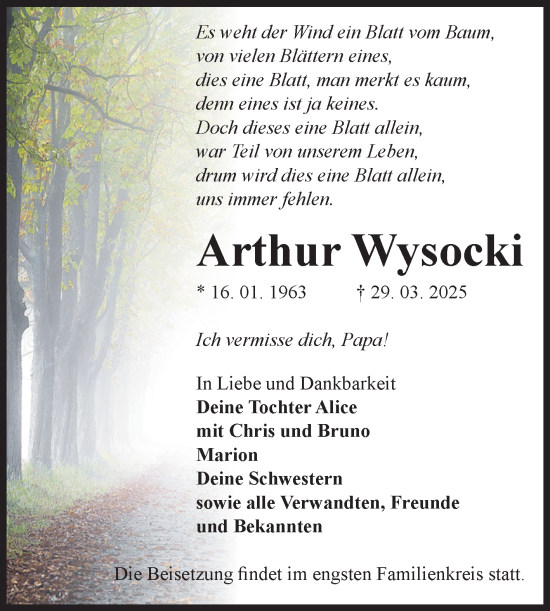 Traueranzeige von Arthur Wysocki von Volksstimme Zerbst