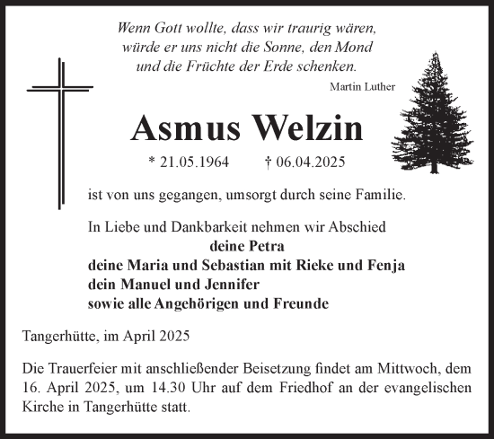 Traueranzeige von Asmus Welzin von Volksstimme Altmark Ost