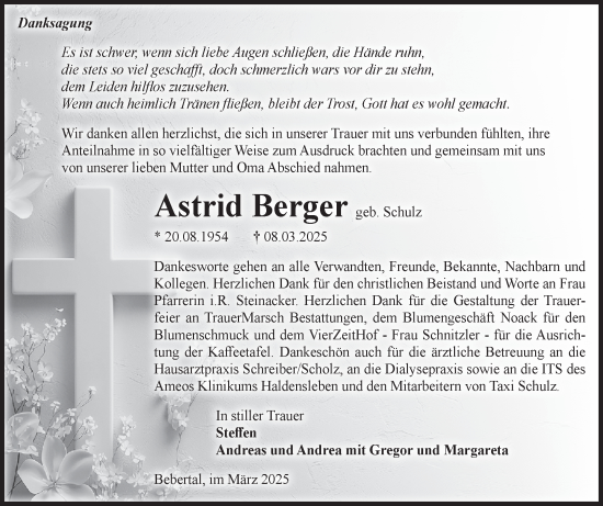 Traueranzeige von Astrid Berger von Volksstimme Haldensleben/Wolmirstedt