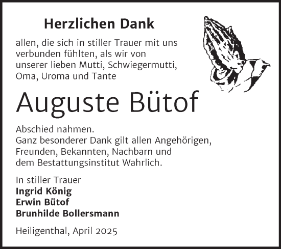 Traueranzeige von Auguste Bütof von Trauerkombi Mansfelder Land