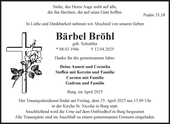 Traueranzeige von Bärbel Bröhl von Volksstimme Burg/Genthin
