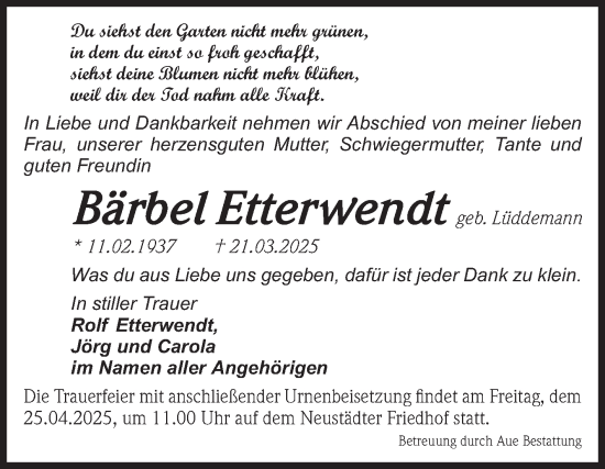 Traueranzeige von Bärbel Etterwendt von Volksstimme Magdeburg