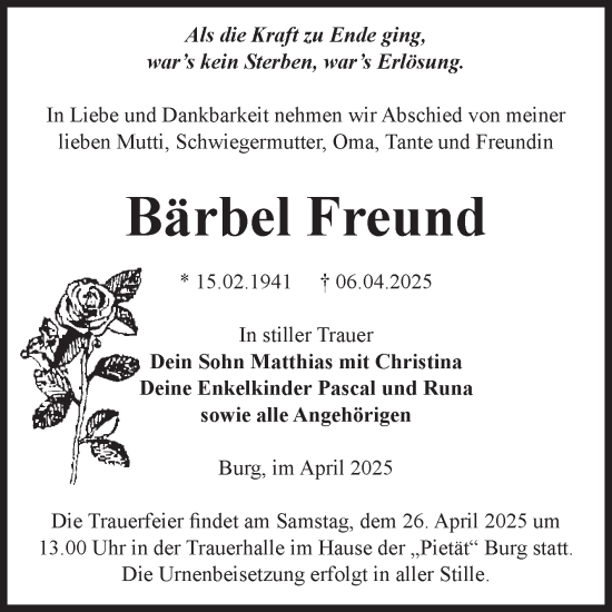 Traueranzeige von Bärbel Freund von Volksstimme Burg/Genthin