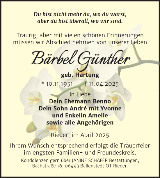 Traueranzeige von Bärbel Günther von Trauerkombi Quedlinburg