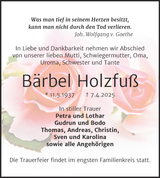 Traueranzeige von Bärbel Holzfuß von Trauerkombi Köthen