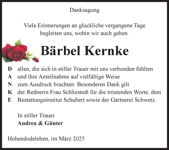 Traueranzeige von Bärbel Kernke von Volksstimme Oschersleben/Wanzleben