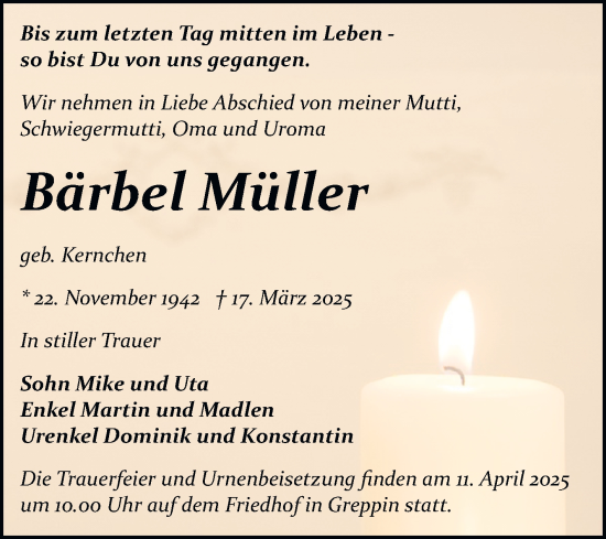 Traueranzeige von Bärbel Müller von Trauerkombi Bitterfeld