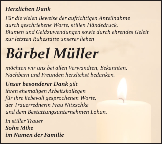 Traueranzeige von Bärbel Müller von Trauerkombi Bitterfeld