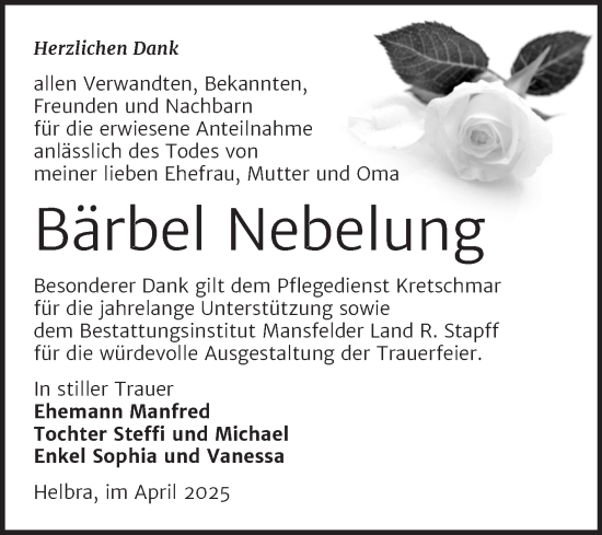 Traueranzeige von Bärbel Nebelung von Trauerkombi Mansfelder Land