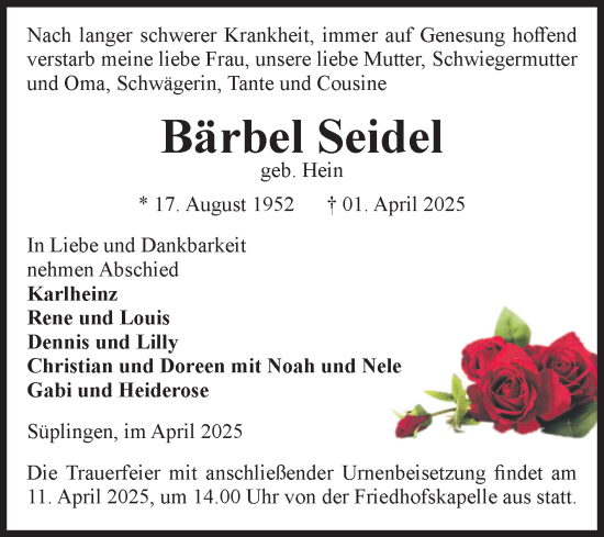 Traueranzeige von Bärbel Seidel von Volksstimme Haldensleben/Wolmirstedt
