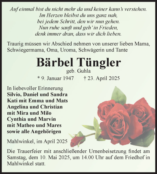 Traueranzeige von Bärbel Tüngler von Volksstimme Altmark Ost